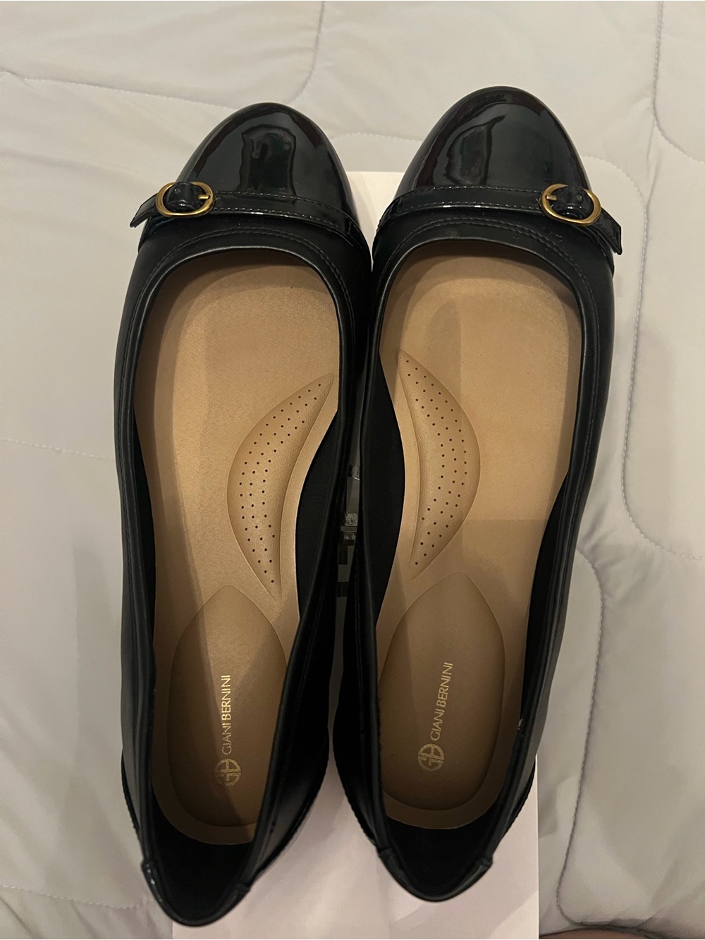 Giani Bernini Black Patent Loafers with Gold Buckle